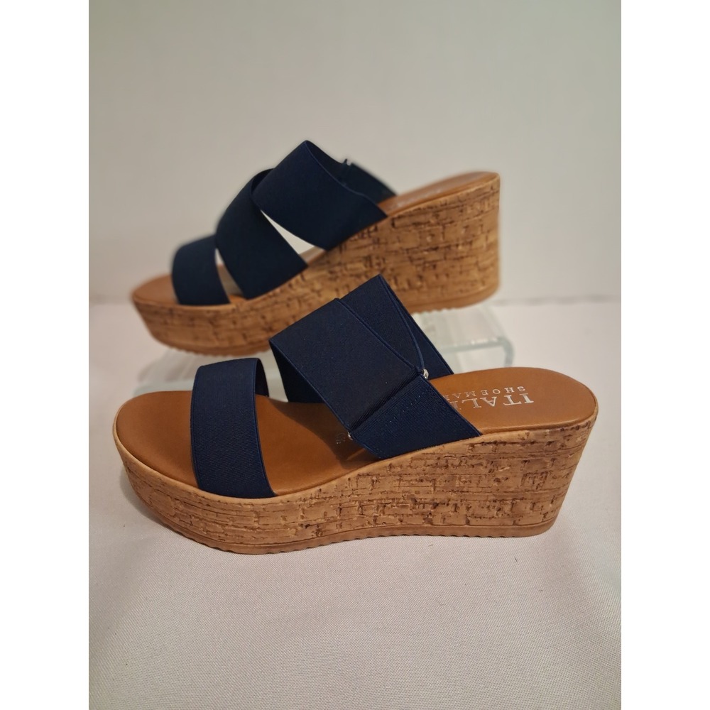 Italian Shoemakers Navy Blue Elastic Cork Wedge Sandals Women 6.5 Made in Italy